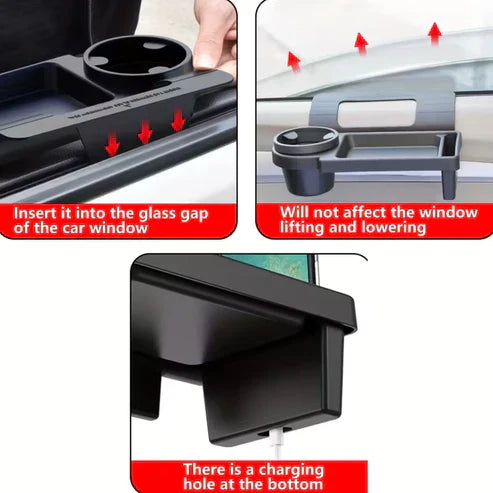 Car armrest with built-in mobile phone holder and cup holder, designed for easy access and convenience in vehicles.