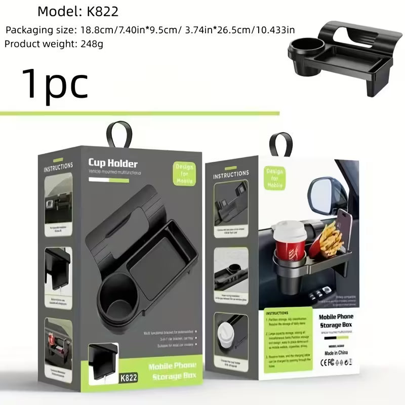 Car armrest with built-in mobile phone holder and cup holder, designed for convenient access and storage in vehicles.