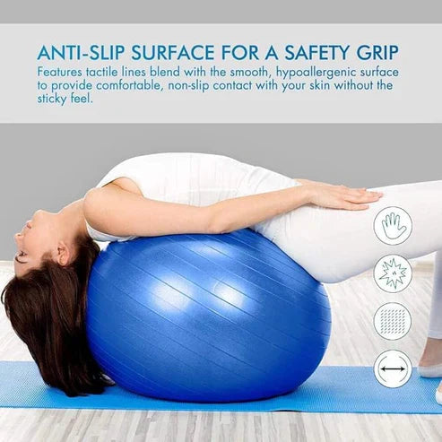 LORDEX gym ball for fitness, large blue exercise ball suitable for workouts, stretching, and core strengthening routines.
