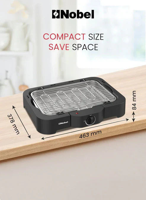 Nobel electric grill by My Store with a sleek black design, cooking surface, and control knobs for indoor grilling.