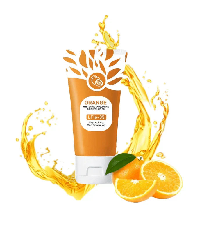 Orange Brightening Exfoliating Gel from TURAS SHOP, showing the gel in a clear container with fresh orange slices and exfoliating beads.