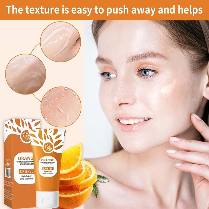 Bright orange exfoliating gel in a clear tube, designed for brightening and skin renewal, from TURAS SHOP's health and beauty collection.