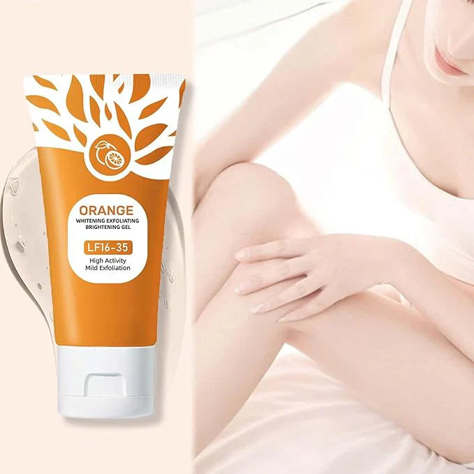 Bright orange exfoliating gel in a clear tube with a flip cap, designed to brighten and refresh skin.