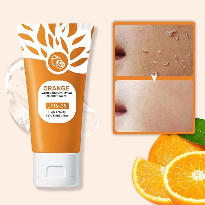 Bright orange exfoliating gel by TURAS SHOP in a clear tube, showcasing its vibrant color and smooth texture for brightening skin.
